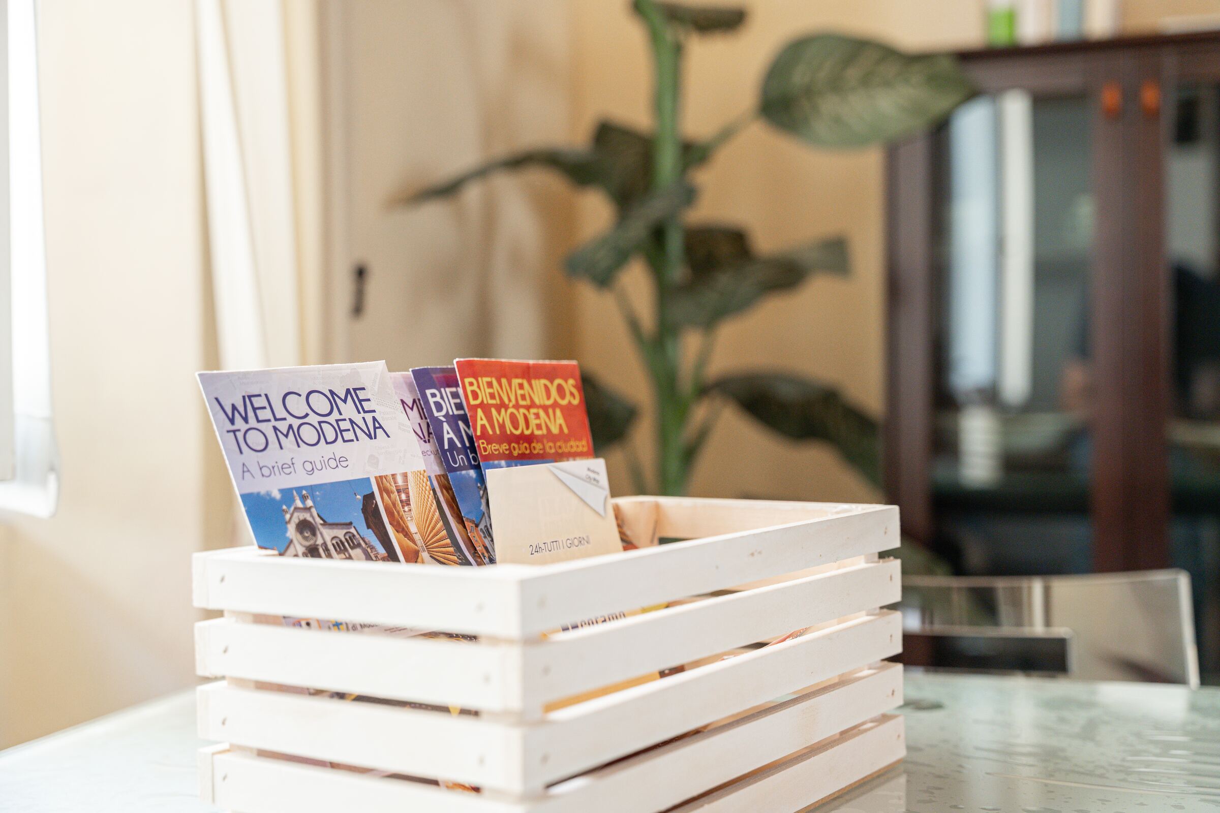 Un dettaglio del soggiorno: libri e guide in una cassetta di legno